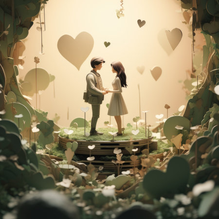 Couple in love standing on the top of a wooden bridge with heartsの素材