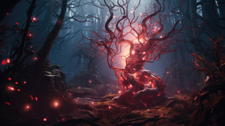 Fantasy spooky forest with creepy trees and fog.の素材
