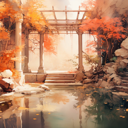 Beautiful Japanese garden in autumn season with pond and gazeboの素材