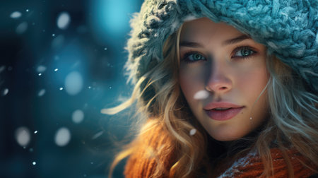 Beautiful young woman in winter hat and scarf looking at camera.の素材