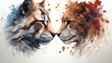 a tiger and a lioness with autumn leaves.の素材