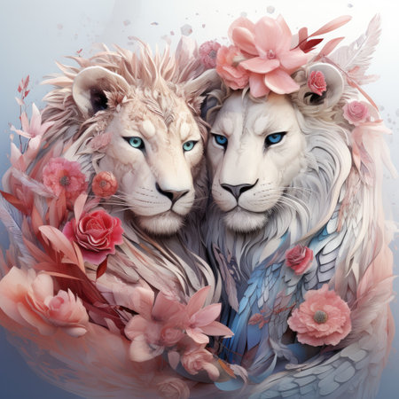 Two white lions with pink flowers in a floral wreath on a blue backgroundの素材