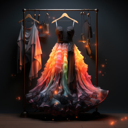 Fashionable evening dress hanging on a hanger in the dark roomの素材