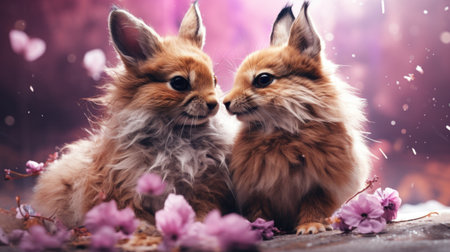 Two cute fluffy red rabbits on a background of pink flowers. Easter concept.の素材