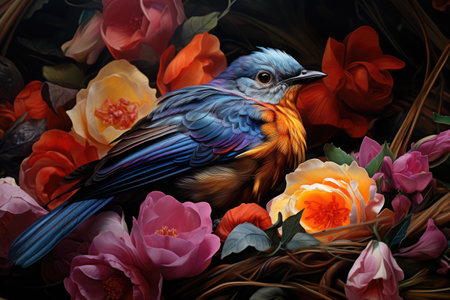 Colorful bird sitting on the flower bouquet.の素材