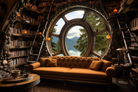 Interior of a cozy living room with a view of the mountainsの素材
