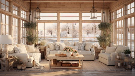 a living room interior with a large window overlooking the winter forestの素材