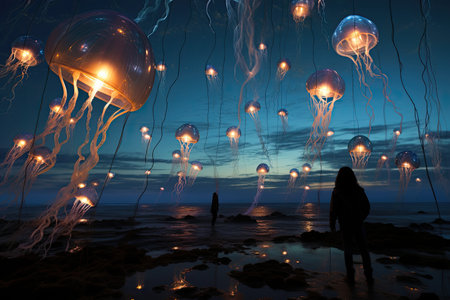 Silhouette of people and jellyfish on the beach at nightの素材