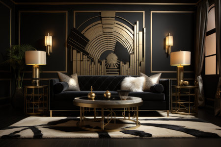 Luxury living room interior with black sofa, coffee table and gold accessories.の素材
