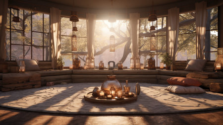 The interior of the living room with a large window.の素材