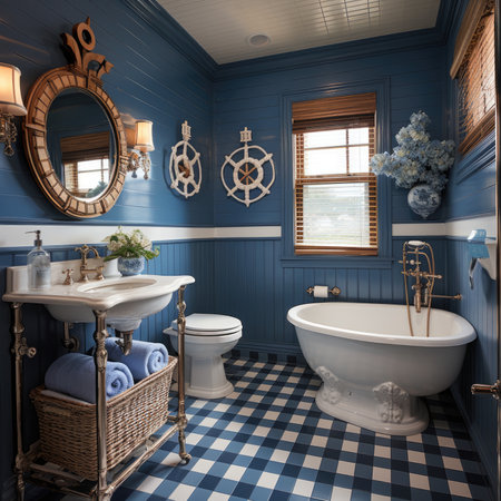 Bathroom with blue walls, blue floor and white bathtubの素材