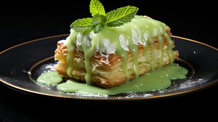 Delicious apple strudel with cream and mint on black backgroundの素材