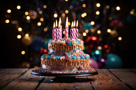 Birthday cake with burning candles on wooden table against blurred lights backgroundの素材