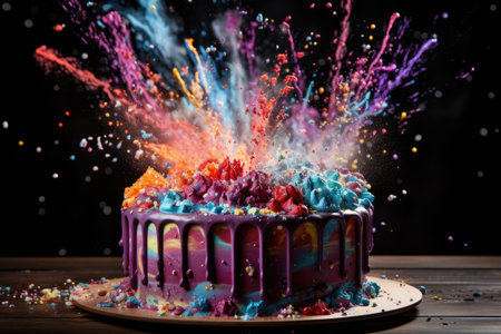 Birthday cake with colorful splashes and drops on wooden table.の素材