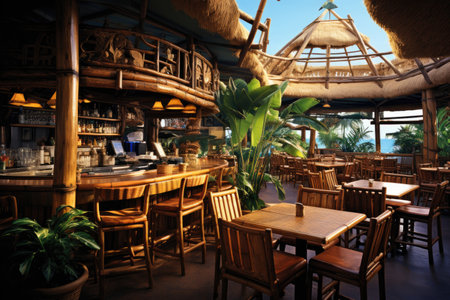Tropical cafe interior with wooden tables, chairs and plants.の素材