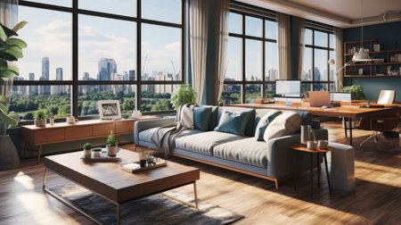 Modern living room interior design with sofa, coffee table and panoramic city view.の素材