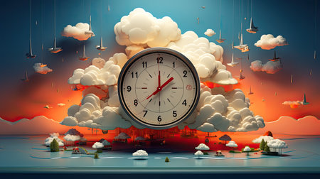 a clock on a background of clouds and buildingsの素材