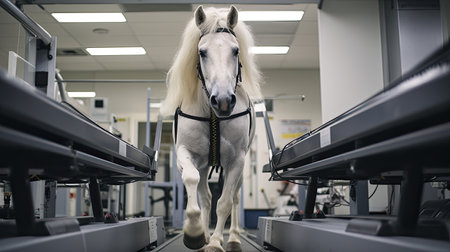 Horse in a modern pet shop. Beautiful white stallion.の素材