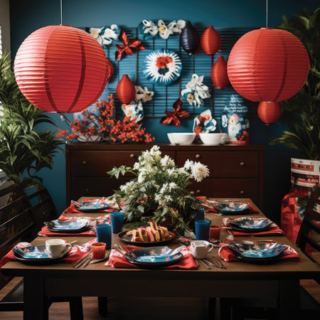 Elegant dining room decorated for Chinese New Year. Decorated with red lanterns.の素材