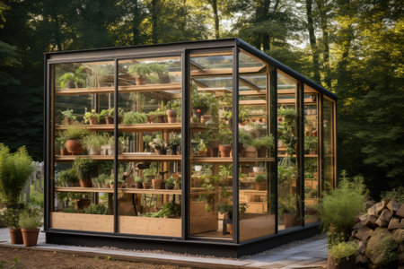 Modern glass greenhouse with plants inside. Gardening and planting concept.の素材