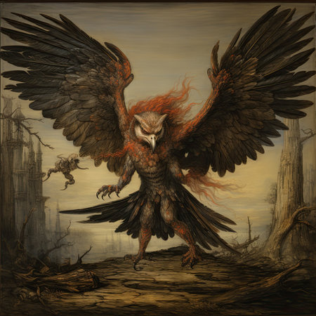 Illustration of an eagle with red hair flying through the forest.の素材