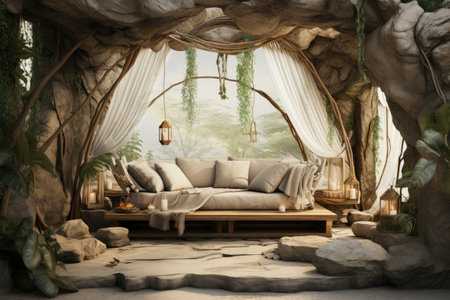 a fantasy garden with a sofa in the middleの素材