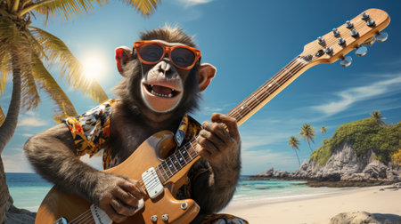 Monkey playing the guitar on a tropical beach.の素材