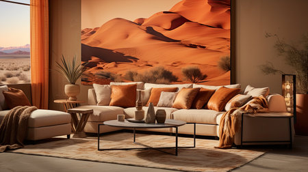 Sofa and coffee table in the desert.の素材