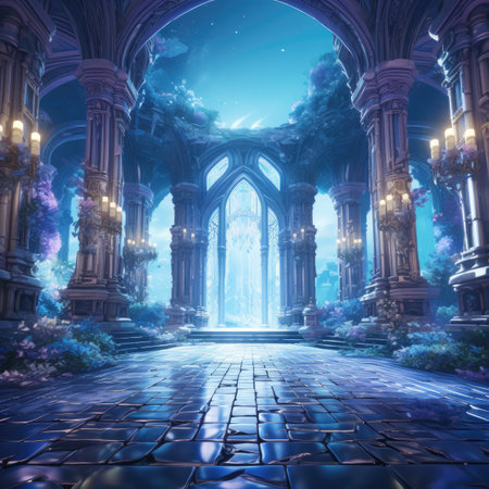 a fantasy landscape with a church door and a portalの素材