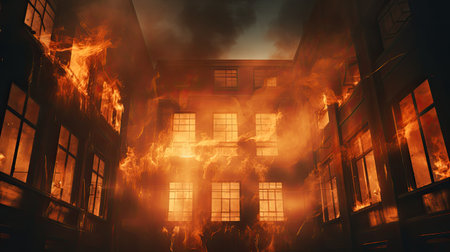 Fire in the building at night.の素材