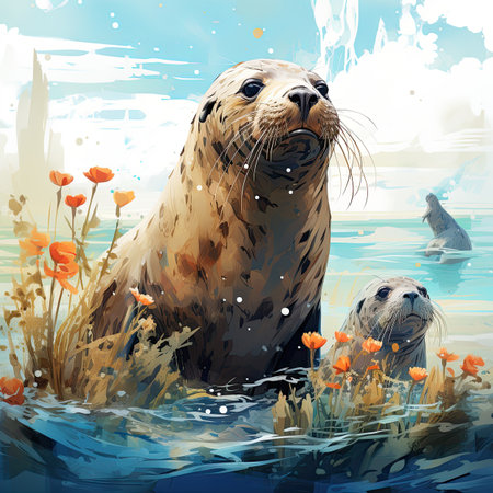 Seal in the water with poppies.の素材