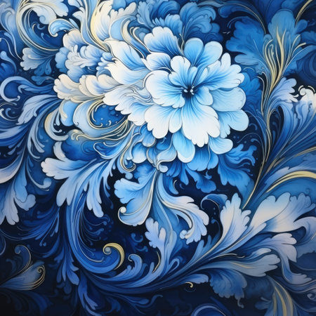Blue and white abstract background with floral ornament.の素材