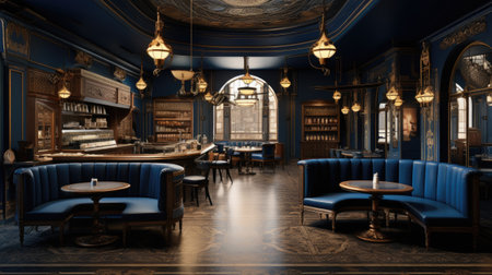 Interior of a classic bar with blue furniture.の素材