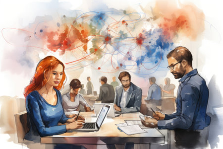 Watercolor Group of business people working in the office.の素材