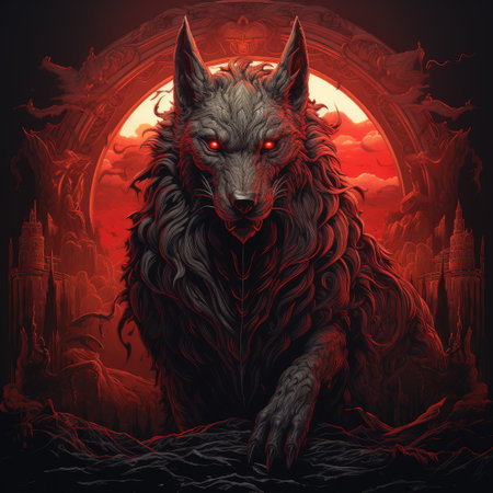 Fantasy wolf in front of the full moon.の素材