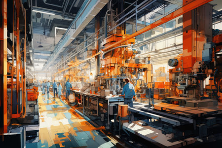 factory interior with conveyor belt.の素材