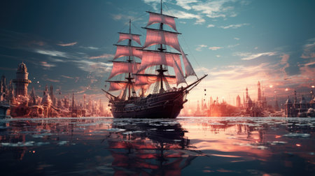 Sailing ship in the sea. Vintage style.の素材