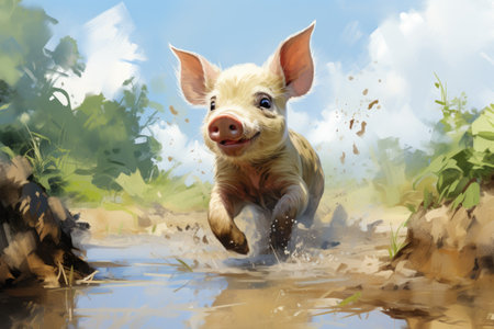 Pig jumping in a muddy puddle on a summer day.の素材