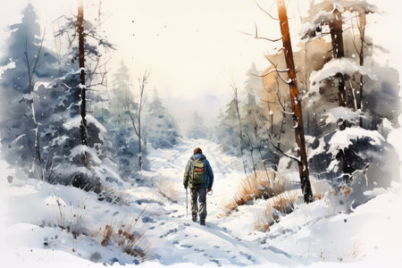 Watercolor man walking in the winter forest.の素材
