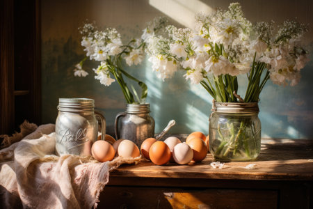 Still life with eggs in glass jars and spring flowers on wooden tableの素材