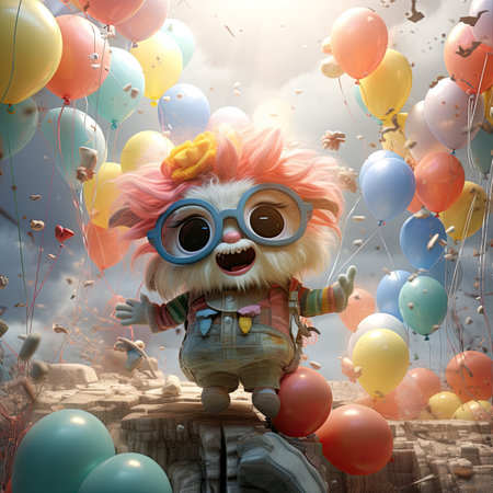 Cute clown with colorful balloons in the sky.の素材