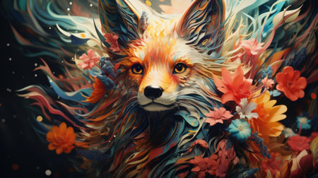 Colorful fox with flowers on a dark background.の素材