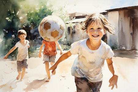 Watercolor Children playing soccer on the beach.の素材