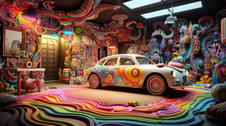 a childrens room with a car and a colorful wallの素材