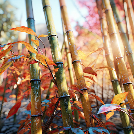 Bamboo forest in autumn, closeup of photo with shallow depth of fieldの素材