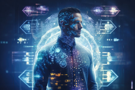 Side view of thoughtful young businessman with double exposure of HUD hologram.の素材