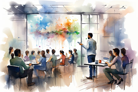 Business people meeting in conference room with colorful watercolor splash illustration.の素材