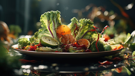 Vegetable salad with orange and cucumber on a dark backgroundの素材