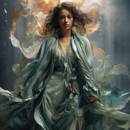 Fashion shot of a beautiful young woman in elegant dress with flying fabric.の素材