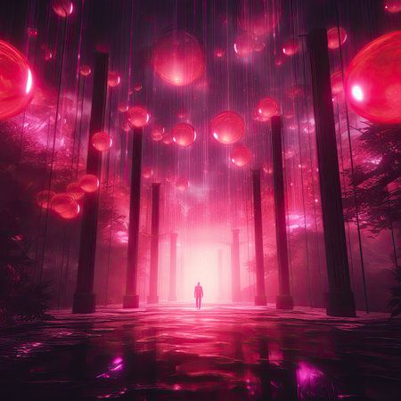 Mysterious scene with a man standing in the middle of a tunnel with red spheresの素材